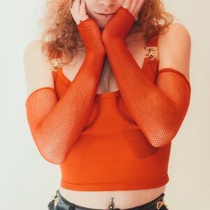 Red extra long fishnet gloves